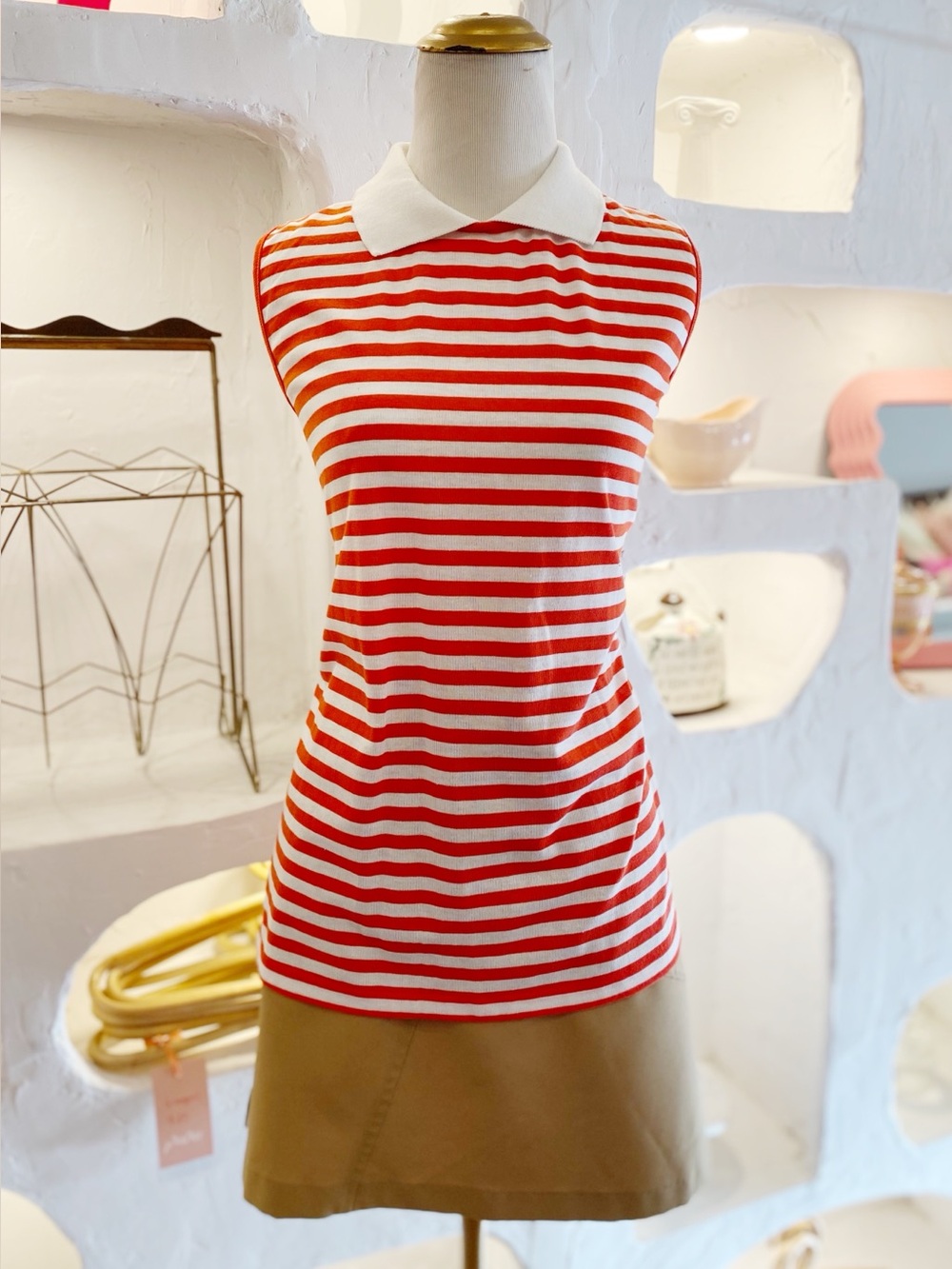 Retro Red & White Cotton Blend Vintage Striped Sleeveless Collared Polo Tank Top